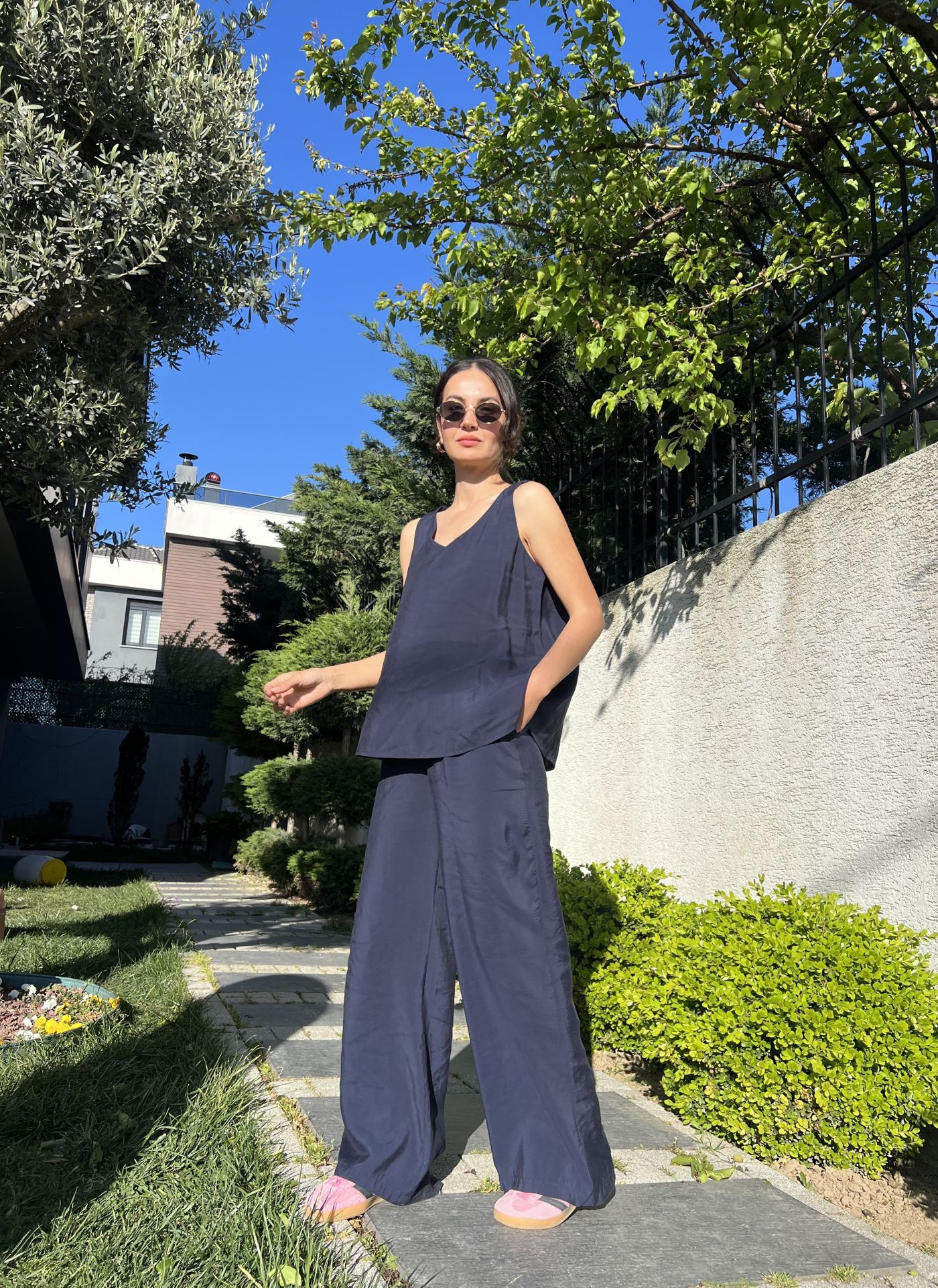 Lacivert V Yaka Palazzo Pantolon Takım