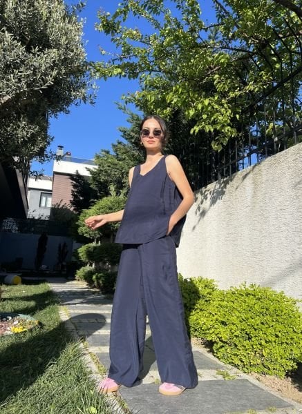Lacivert V Yaka Palazzo Pantolon Takım