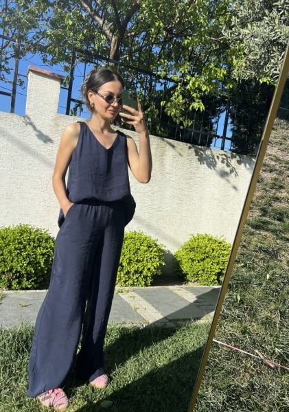 Lacivert V Yaka Palazzo Pantolon Takım
