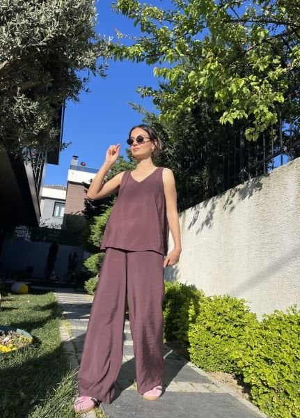 Mürdüm V Yaka Palazzo Pantolon Takım