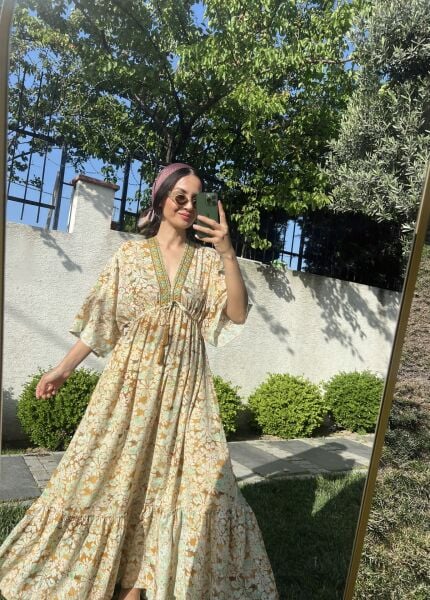 Önü Parlak Desen Yeşil-Kahve İthal Elbise