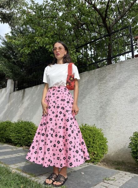 Çiçekli Pileli Etek-Pembe