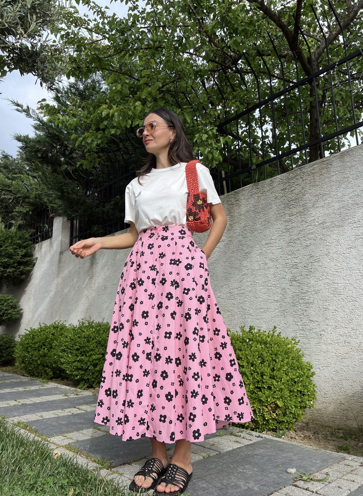 Çiçekli Pileli Etek-Pembe