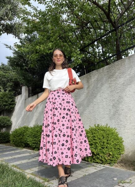 Çiçekli Pileli Etek-Pembe