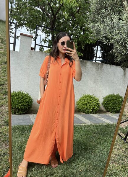 Boydan Düğmeli Gömlek Elbise-Oranj