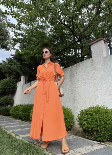 Boydan Düğmeli Gömlek Elbise-Oranj