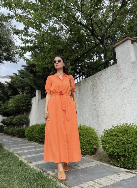 Boydan Düğmeli Gömlek Elbise-Oranj