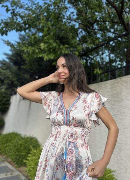 Önü İşlemeli Saten Elbise-Ekru