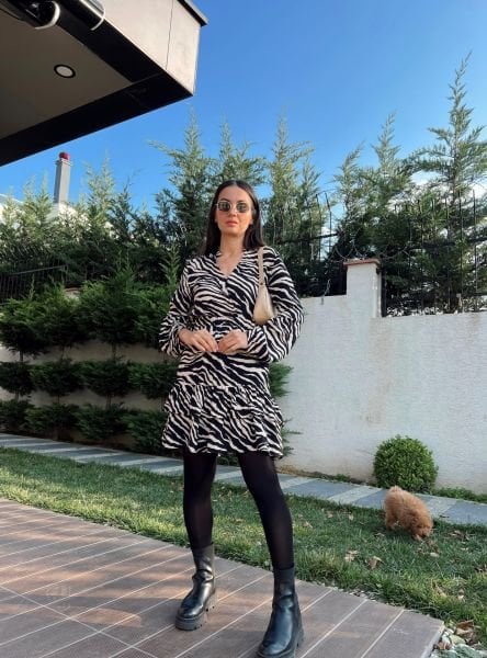 Zebra Desen Katlı Elbise