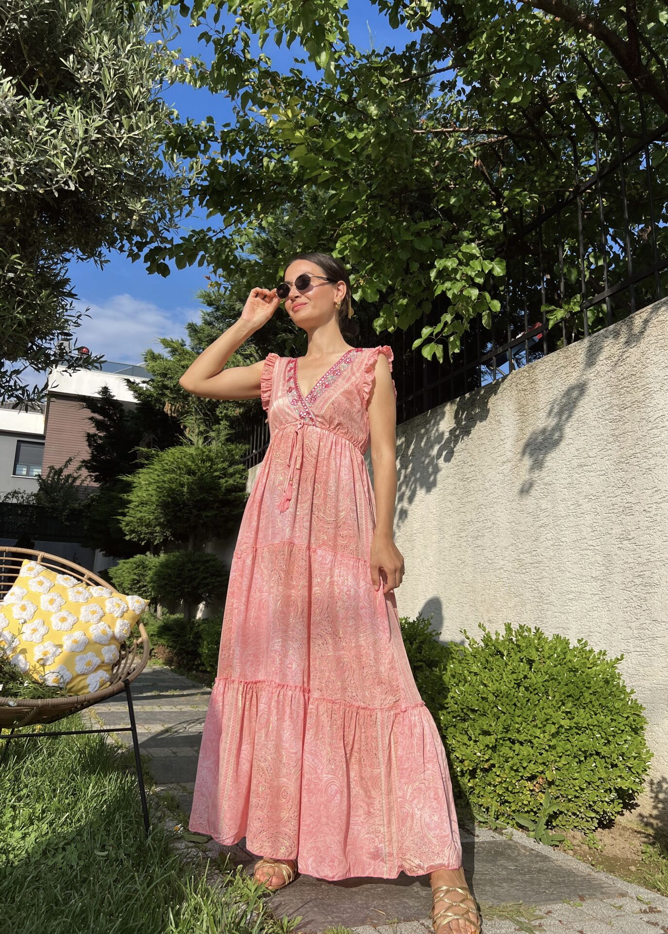 Önü Parlak Sıfır Kol Elbise-Pembe
