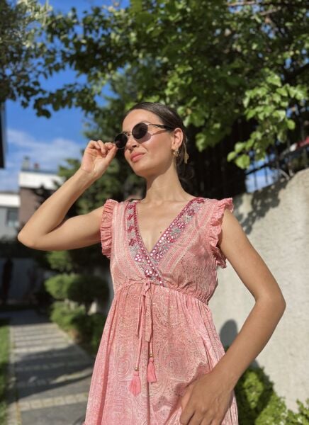 Önü Parlak Sıfır Kol Elbise-Pembe