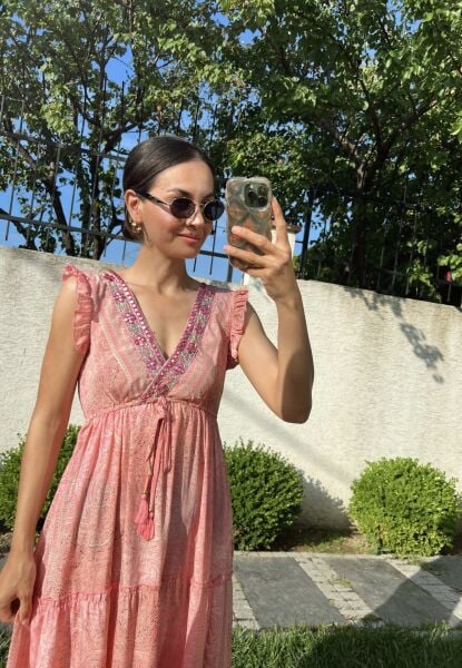 Önü Parlak Sıfır Kol Elbise-Pembe