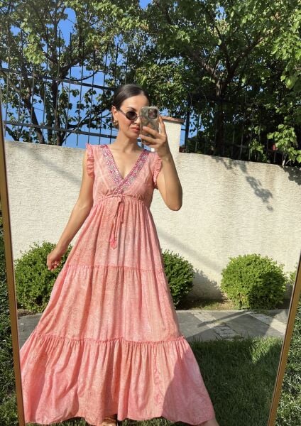 Önü Parlak Sıfır Kol Elbise-Pembe