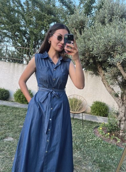 Tensel Vatkalı Denim Elbise
