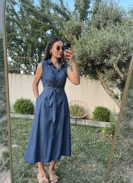 Tensel Vatkalı Denim Elbise