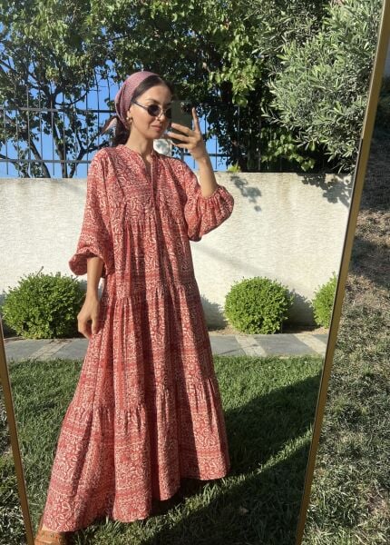 Etnik Desen Maxi Elbise-Kırmızı