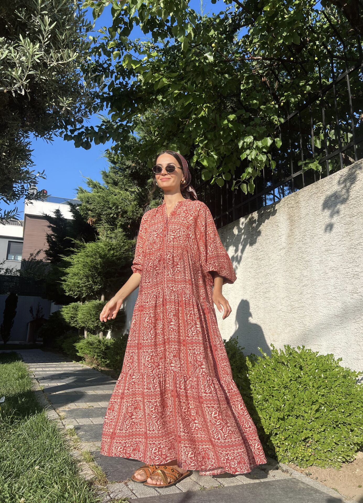 Etnik Desen Maxi Elbise-Kırmızı