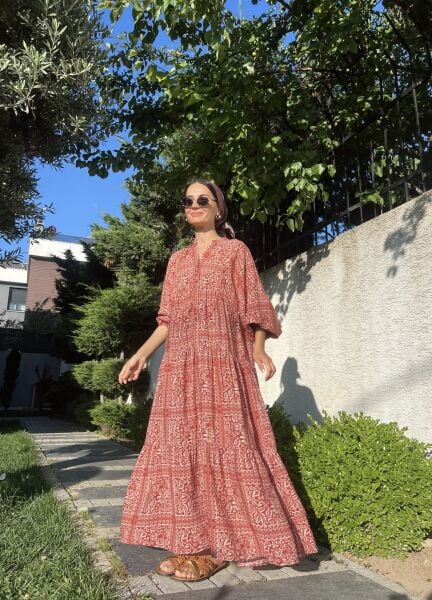 Etnik Desen Maxi Elbise-Kırmızı