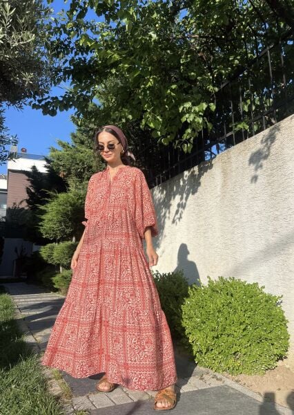 Etnik Desen Maxi Elbise-Kırmızı