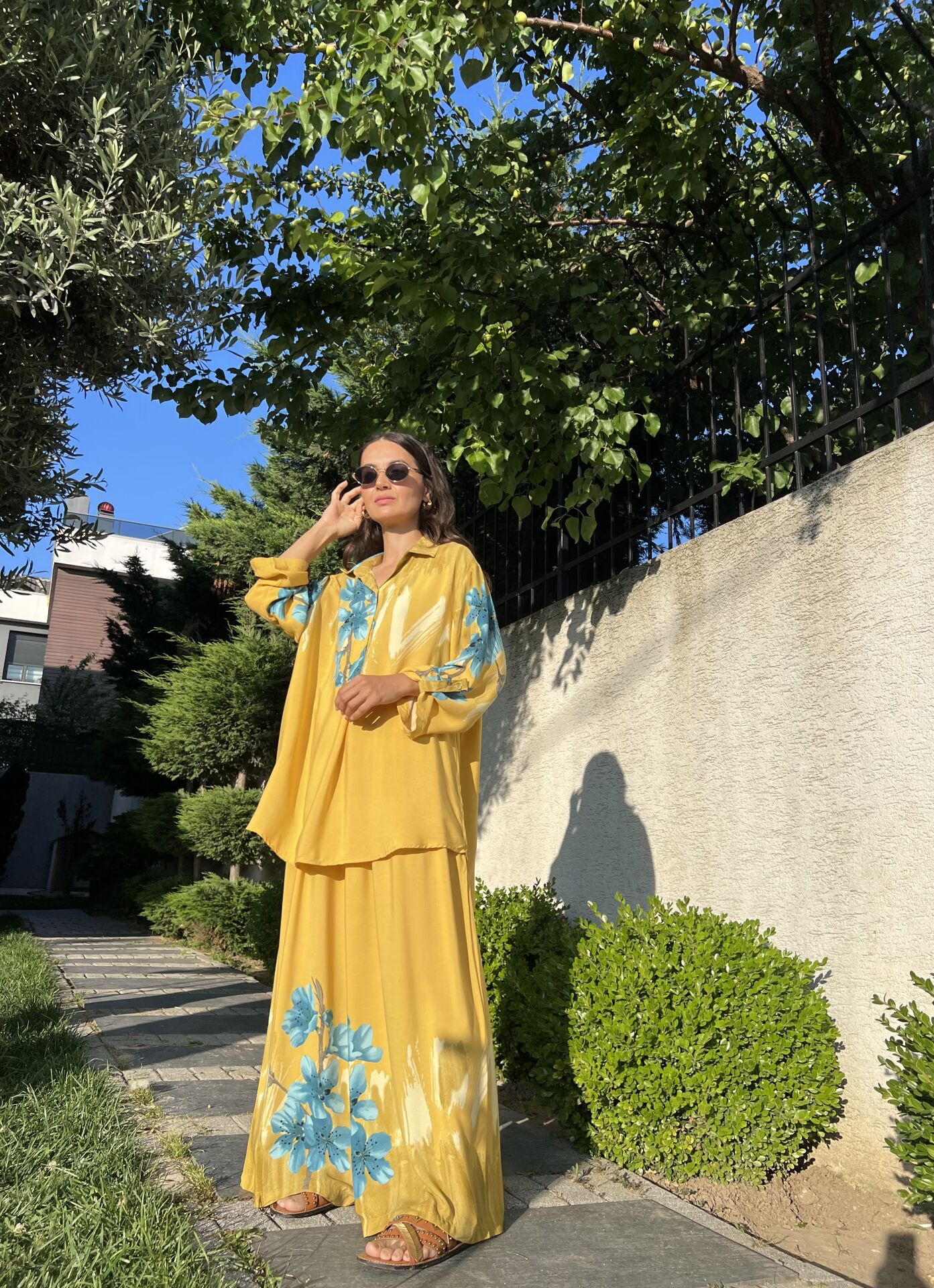 Çiçek Desen Viskon Takım-Hardal