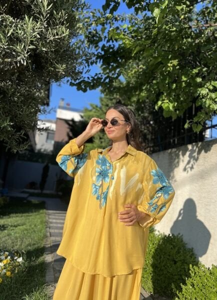 Çiçek Desen Viskon Takım-Hardal