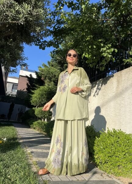 Çiçek Desen Viskon Takım-Çağla