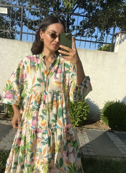 Yeşil Çiçek Desen Katleya Elbise