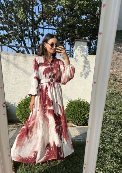 Bordo Desen Kemerli Elbise