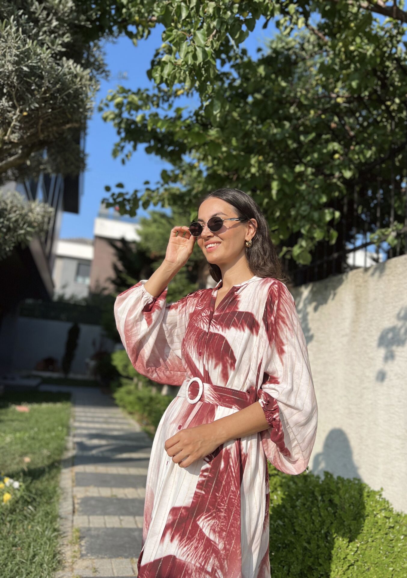 Bordo Desen Kemerli Elbise