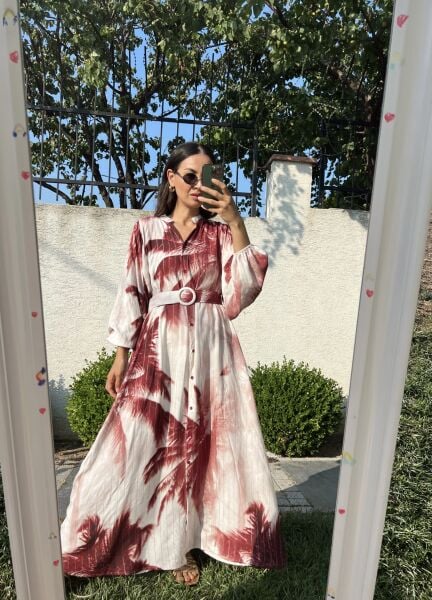 Bordo Desen Kemerli Elbise