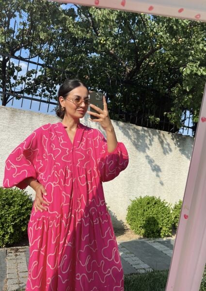 İşlemeli Katleya Model Elbise-Fuşya