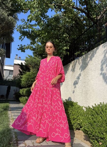İşlemeli Katleya Model Elbise-Fuşya