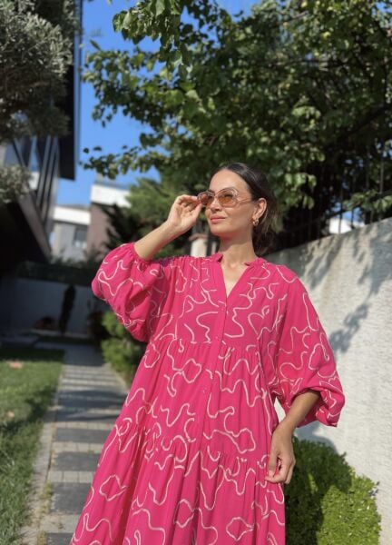 İşlemeli Katleya Model Elbise-Fuşya
