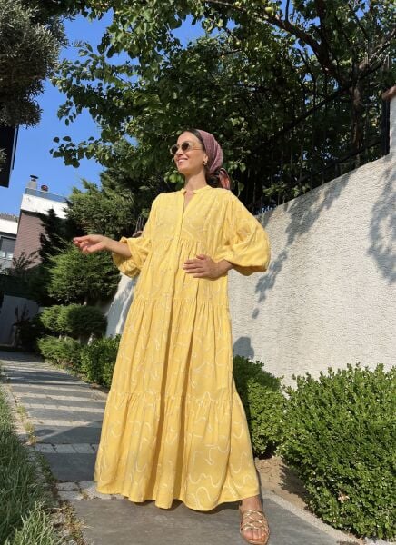 İşlemeli Katleya Model Elbise-Sarı