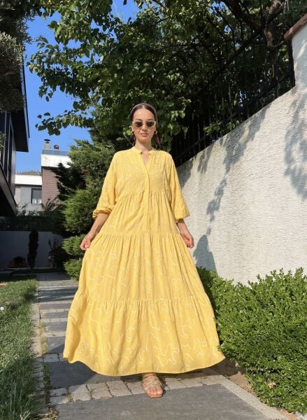 İşlemeli Katleya Model Elbise-Sarı