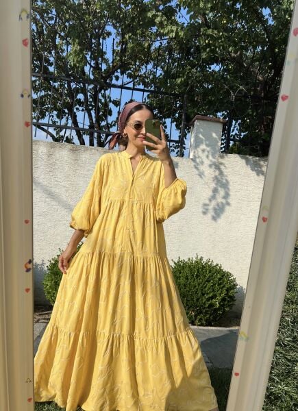 İşlemeli Katleya Model Elbise-Sarı