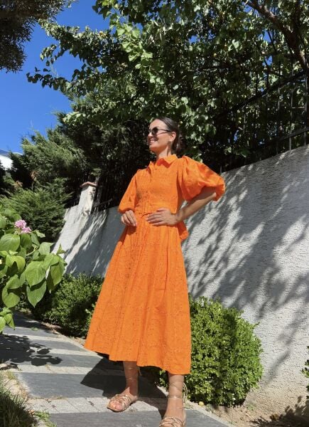 Kabarık Kol Fisto Elbise-Oranj