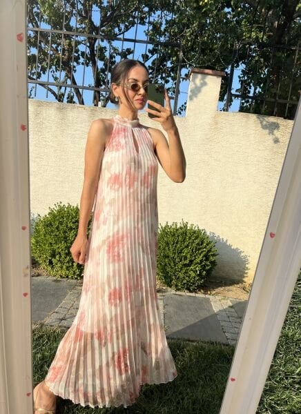 Piliseli Boyundan Bağlamalı İthal Elbise-Pembe