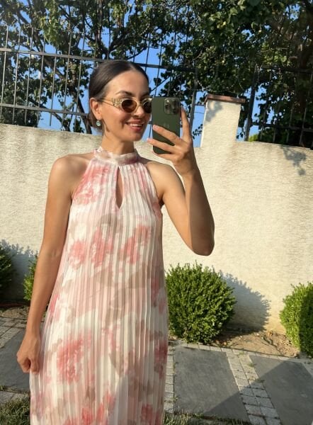 Piliseli Boyundan Bağlamalı İthal Elbise-Pembe