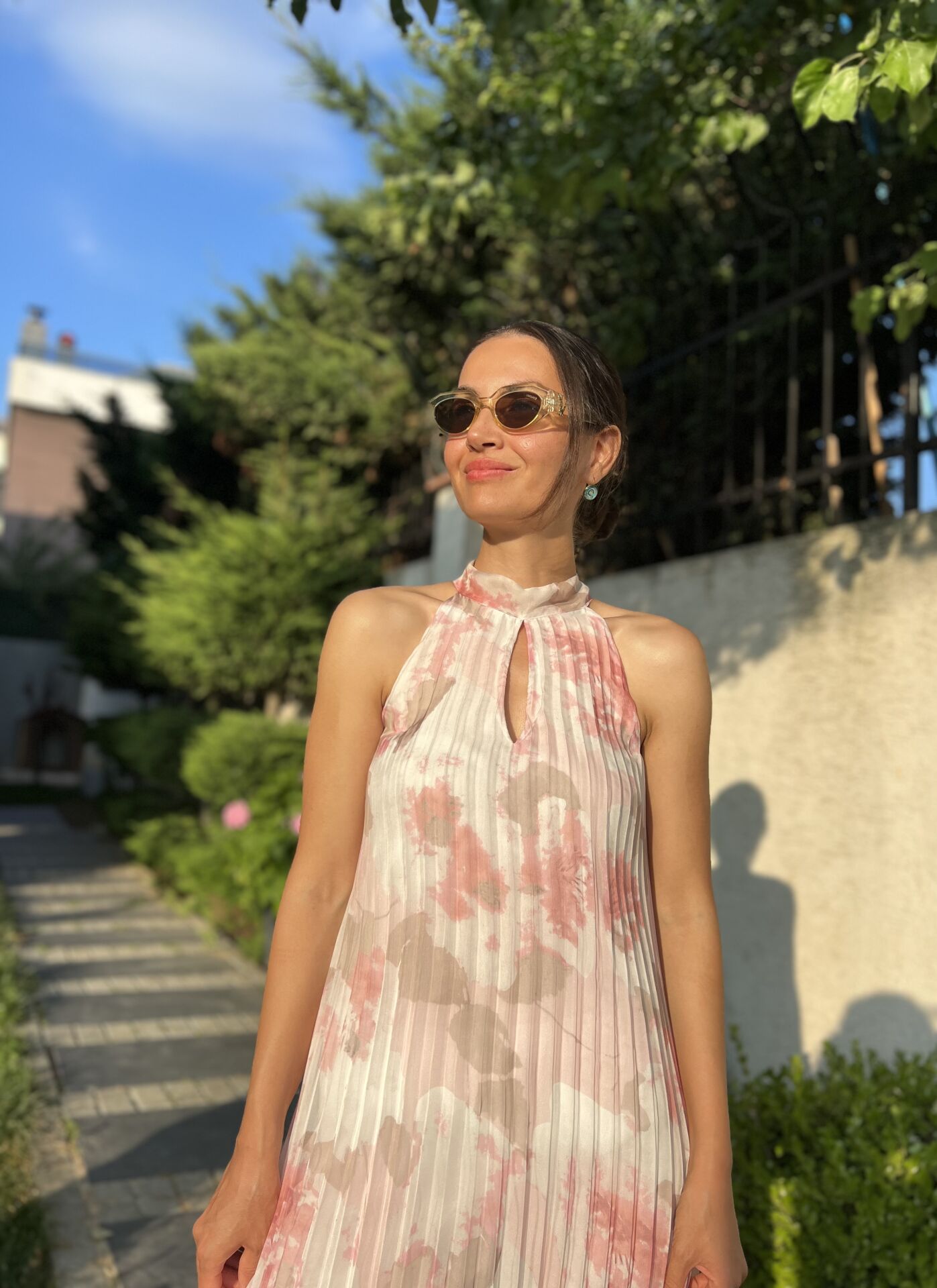 Piliseli Boyundan Bağlamalı İthal Elbise-Pembe