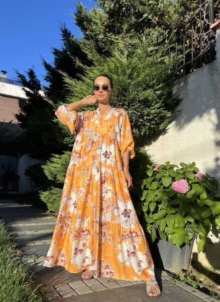 Sarı Büyük Desen Katleya Elbise