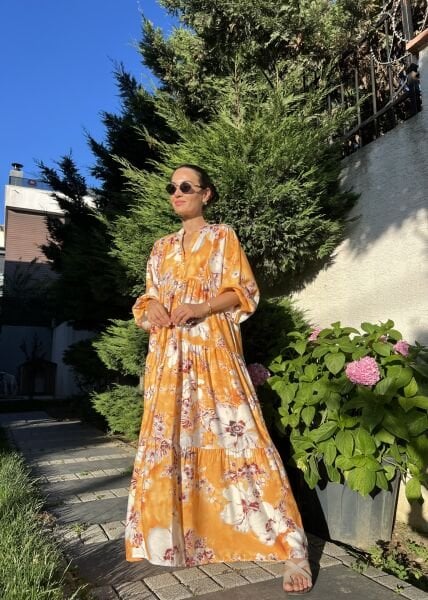 Sarı Büyük Desen Katleya Elbise