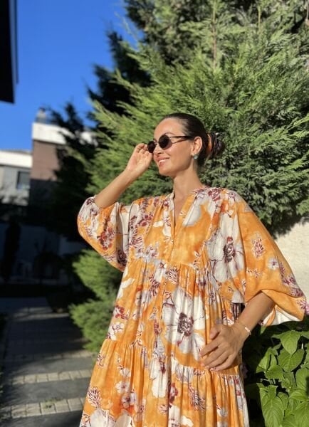 Sarı Büyük Desen Katleya Elbise