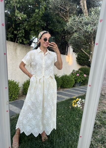 Çiçek İşlemeli Etek Takım-Sarı