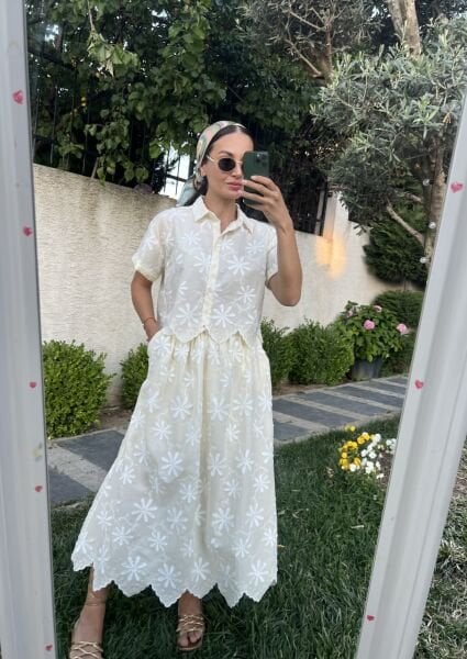 Çiçek İşlemeli Etek Takım-Sarı