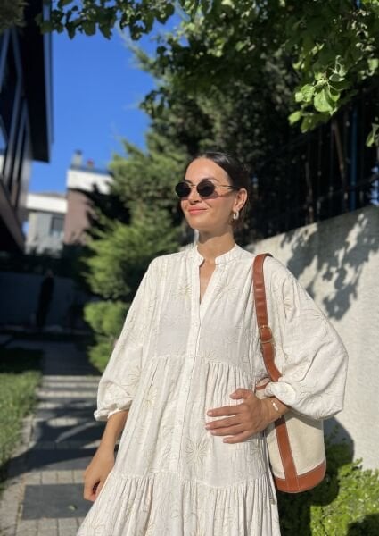 Ekru Gold  İşlemeli Katleya Elbise