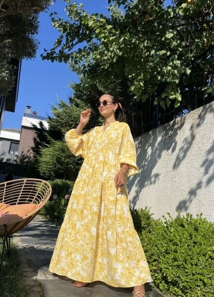 Sarı Desenli Maxi Rahat Elbise