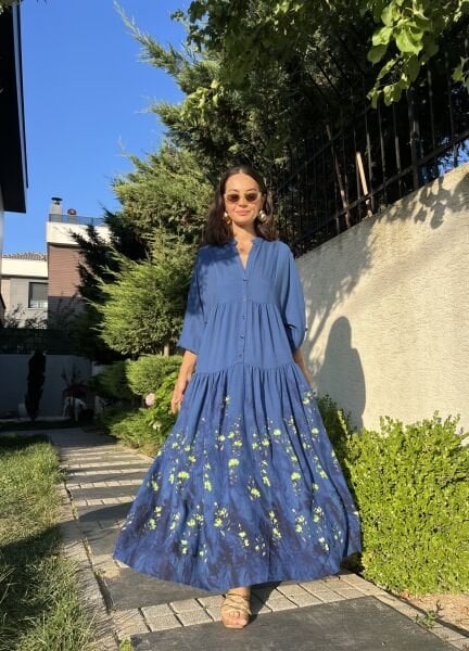 Etek Ucu Desenli Maxi Elbise-Saks