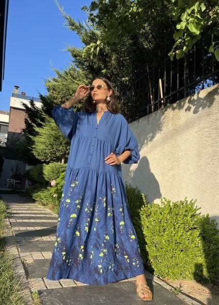 Etek Ucu Desenli Maxi Elbise-Saks