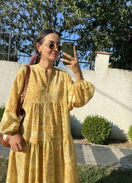 Patchwork Desen Katleya Model Elbise-Sarı